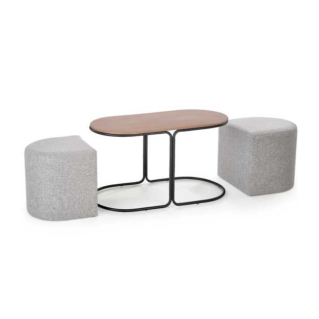 PAMPA, coffee table with pouffes, top: walnut, legs: black, pouffe: grey 1