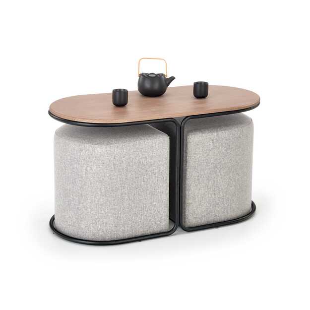 PAMPA, coffee table with pouffes, top: walnut, legs: black, pouffe: grey