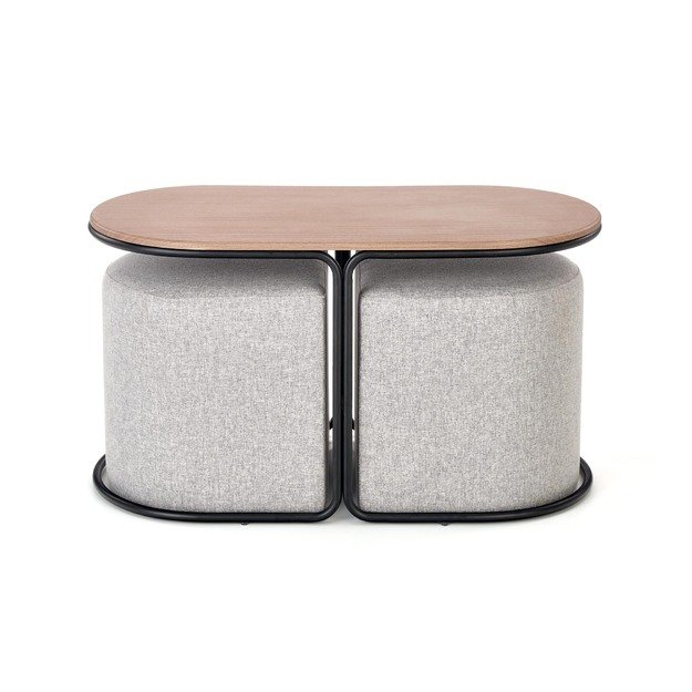 PAMPA, coffee table with pouffes, top: walnut, legs: black, pouffe: grey 6