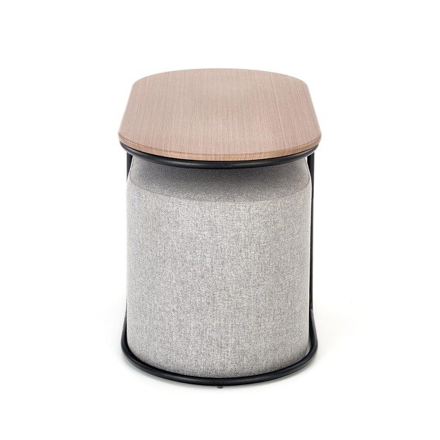 PAMPA, coffee table with pouffes, top: walnut, legs: black, pouffe: grey 10