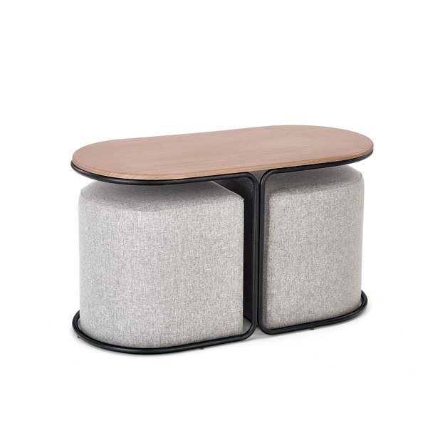 PAMPA, coffee table with pouffes, top: walnut, legs: black, pouffe: grey 2