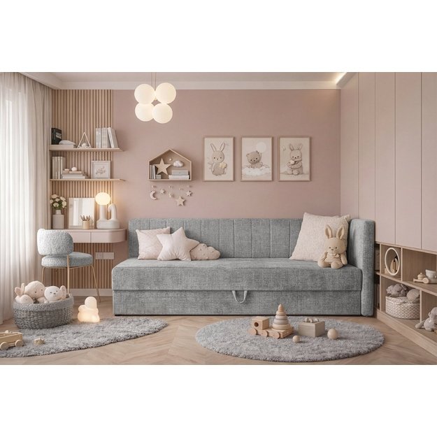 RICKY 90 bed with bedding container and built-in mattress, grey