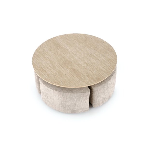 NUGAT coffee table with pouffes, table: travertine, pouffe: l.grey