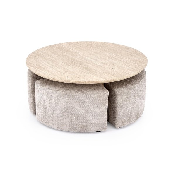 NUGAT coffee table with pouffes, table: travertine, pouffe: l.grey