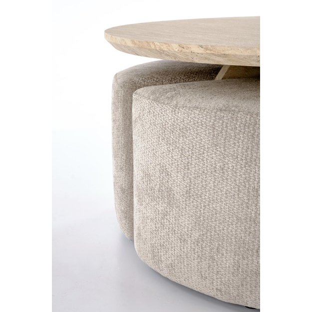 NUGAT coffee table with pouffes, table: travertine, pouffe: l.grey