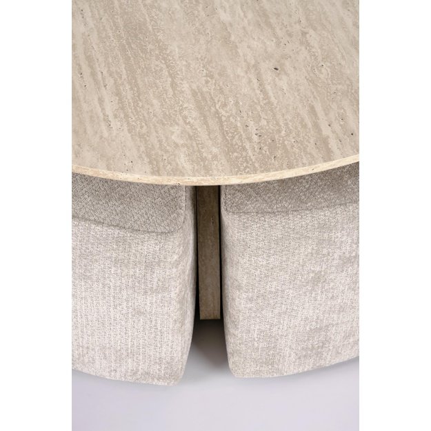 NUGAT coffee table with pouffes, table: travertine, pouffe: l.grey