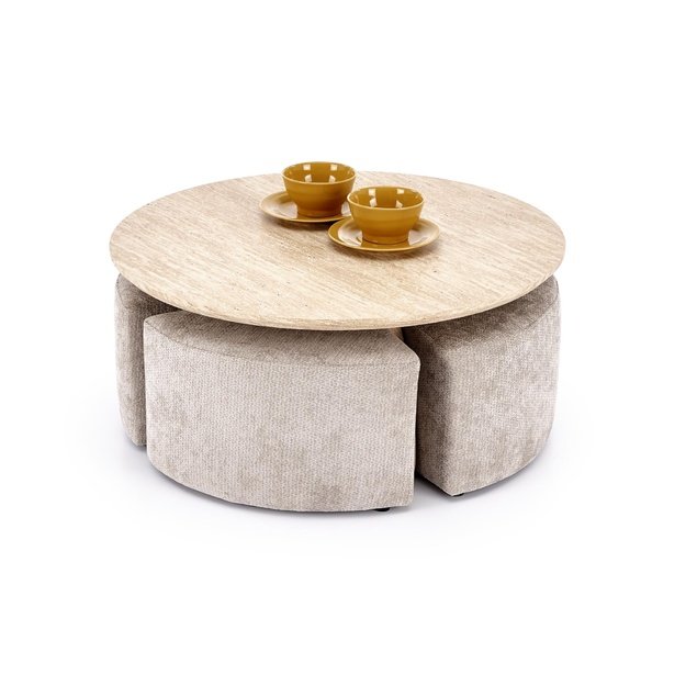 NUGAT coffee table with pouffes, table: travertine, pouffe: l.grey