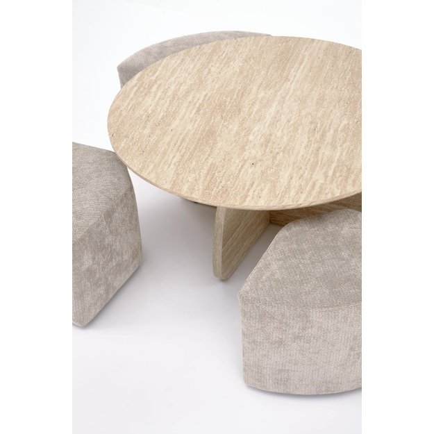 NUGAT coffee table with pouffes, table: travertine, pouffe: l.grey