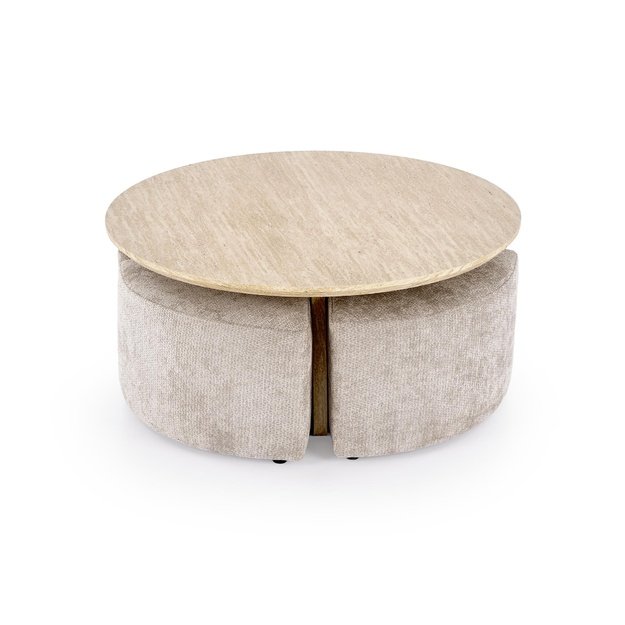 NUGAT coffee table with pouffes, table: travertine, pouffe: l.grey
