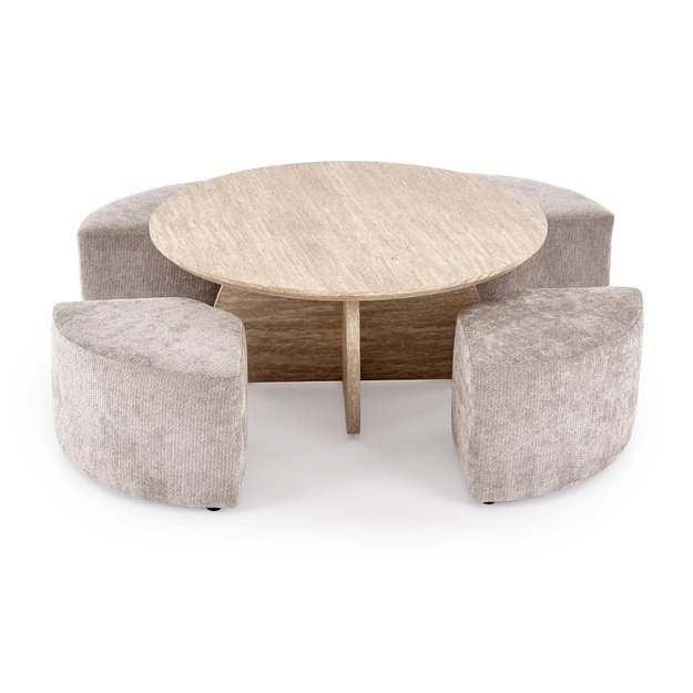 NUGAT coffee table with pouffes, table: travertine, pouffe: l.grey