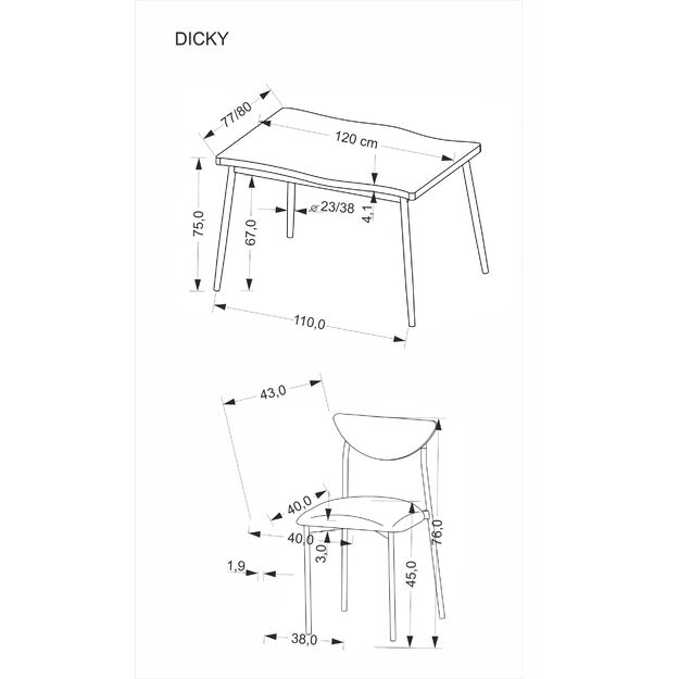 DICKY set, table + 4 chairs color: natural / black / grey 4
