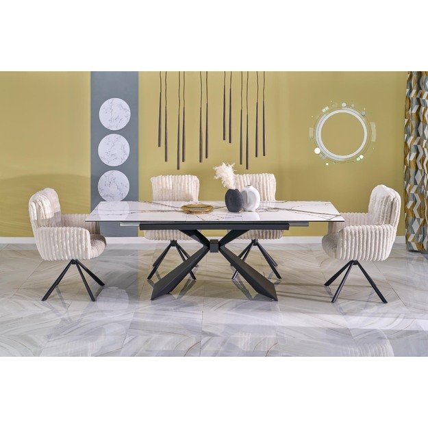 LUCIANO extension table, white marble / black