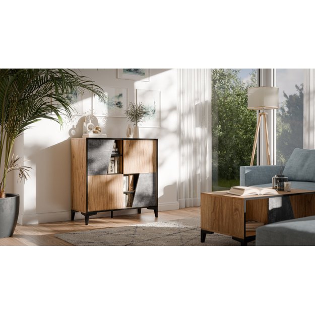 OVO bookcase 4D dark concrete/primeval oak