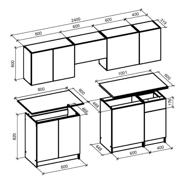 TAMARA 240 kitchen set, color: front - grey marble / black, body – carbon wood, worktop – grey 1