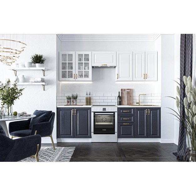 VIKTORIA 240 kitchen set, color: front - white / dark blue, body – white ,worktop – white