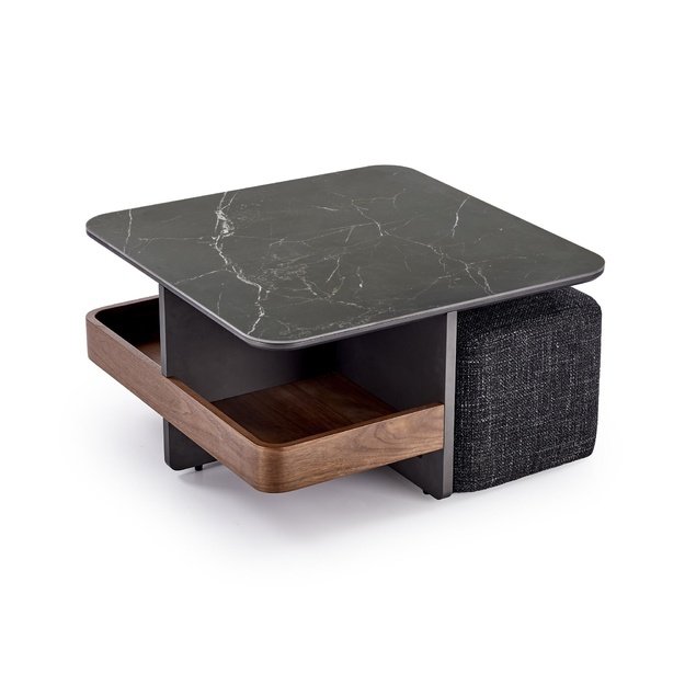 VICKER coffee table with pouffes, table top: black marble, frame: black / walnut, pouffe: d.grey