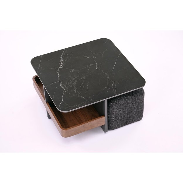 VICKER coffee table with pouffes, table top: black marble, frame: black / walnut, pouffe: d.grey