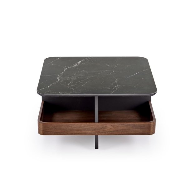VICKER coffee table with pouffes, table top: black marble, frame: black / walnut, pouffe: d.grey