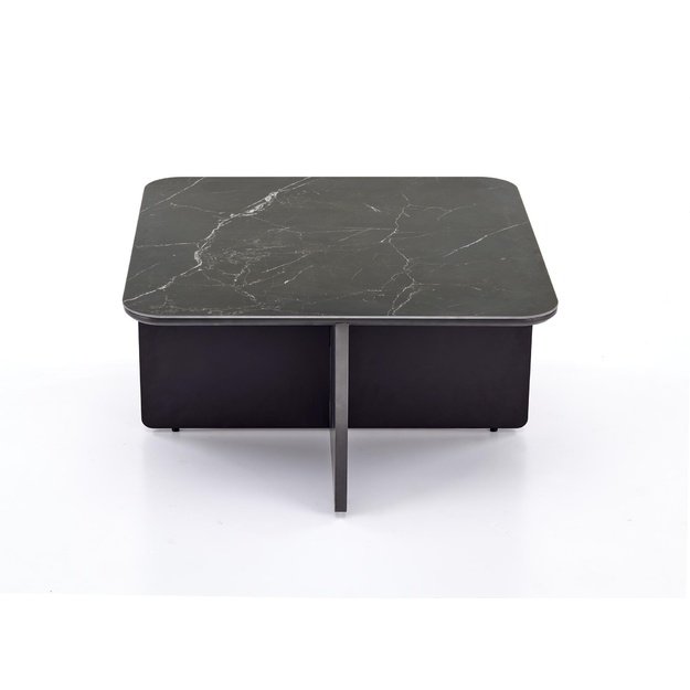 VICKER coffee table with pouffes, table top: black marble, frame: black / walnut, pouffe: d.grey