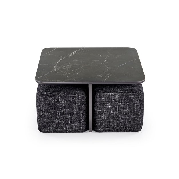 VICKER coffee table with pouffes, table top: black marble, frame: black / walnut, pouffe: d.grey
