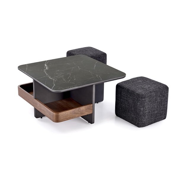 VICKER coffee table with pouffes, table top: black marble, frame: black / walnut, pouffe: d.grey