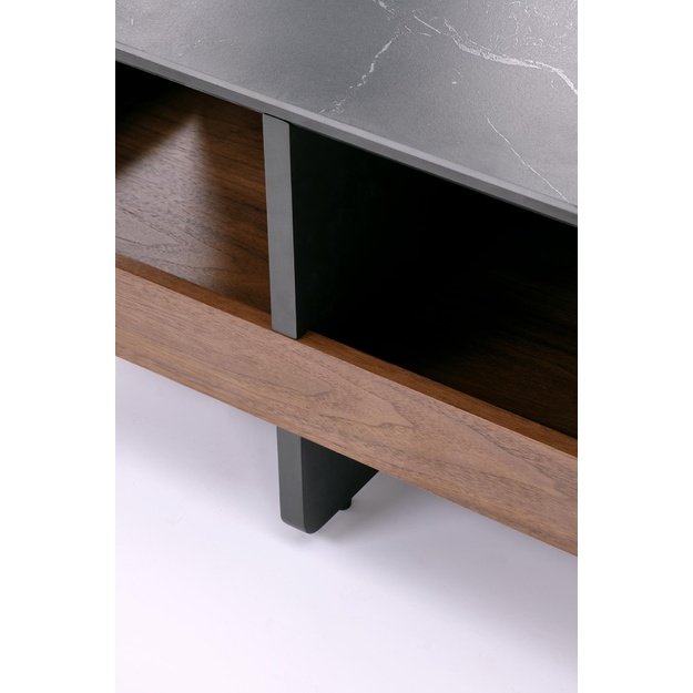 VICKER coffee table with pouffes, table top: black marble, frame: black / walnut, pouffe: d.grey
