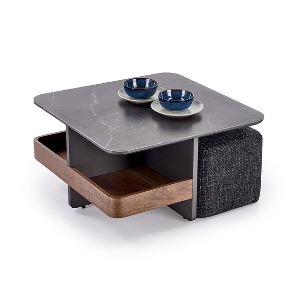 VICKER coffee table with pouffes, table top: black marble, frame: black / walnut, pouffe: d.grey