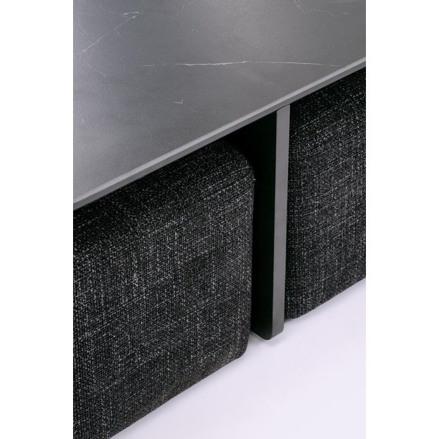 VICKER coffee table with pouffes, table top: black marble, frame: black / walnut, pouffe: d.grey