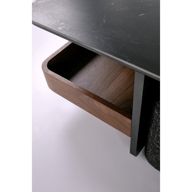 VICKER coffee table with pouffes, table top: black marble, frame: black / walnut, pouffe: d.grey