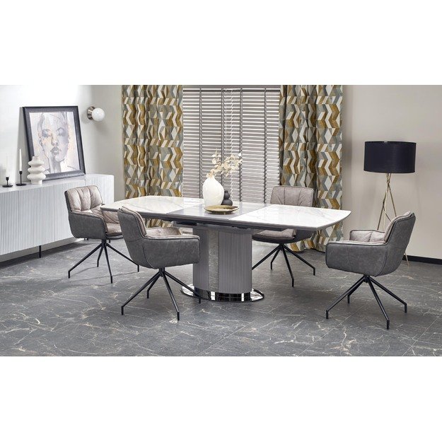 DANCAN extension table, white marble / grey / l. grey / black