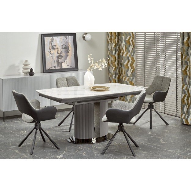 DANCAN extension table, white marble / grey / l. grey / black 18