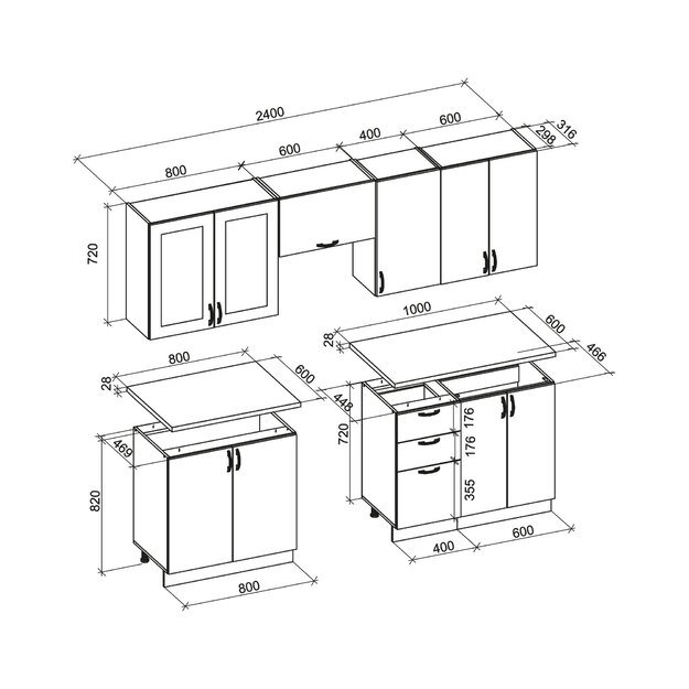 ELIZABETH 240 kitchen set, color: front - grey, body – sonoma oak, worktop – sonoma oak 2