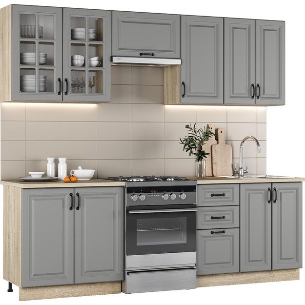 ELIZABETH 240 kitchen set, color: front - grey, body – sonoma oak, worktop – sonoma oak 1