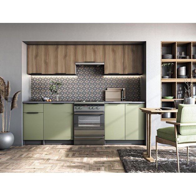 KSENIA 240 kitchen set, color: front - light walnut / pistachio, body – antracite, worktop – grey