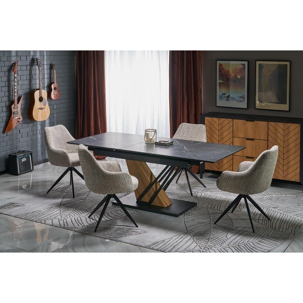 VOLANT 140 extension table, top - black marble, legs - golden oak / black