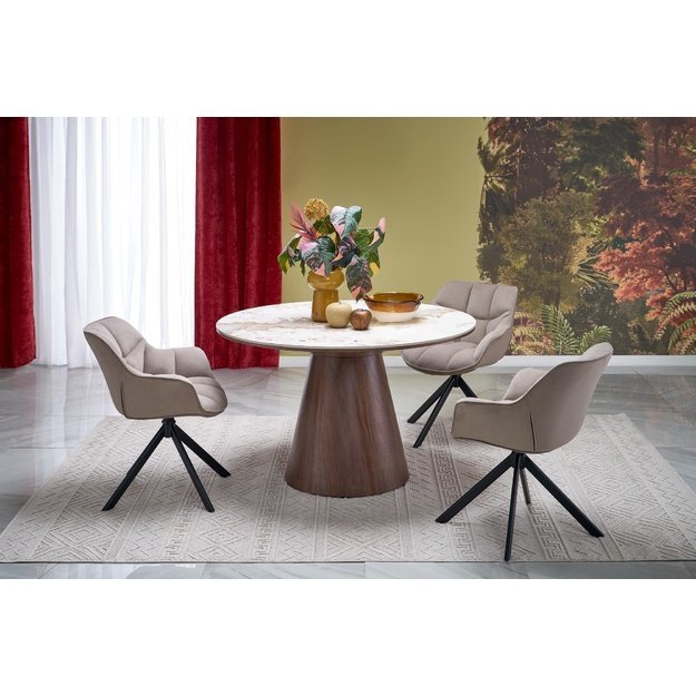ARANI round table, beige marble / walnut