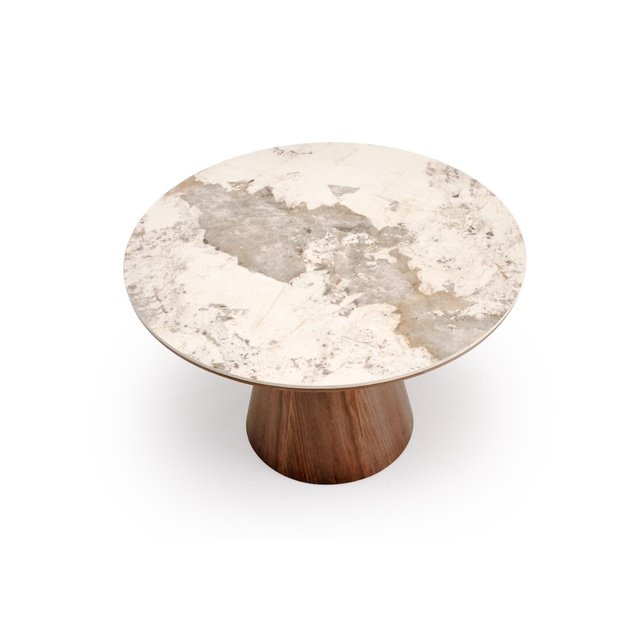 ARANI round table, beige marble / walnut
