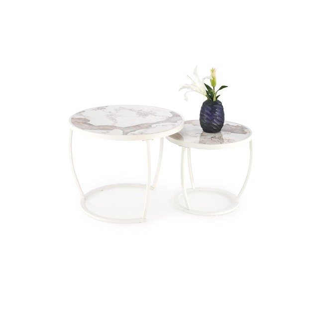 INES  set of two coffee tables, beige marble / white