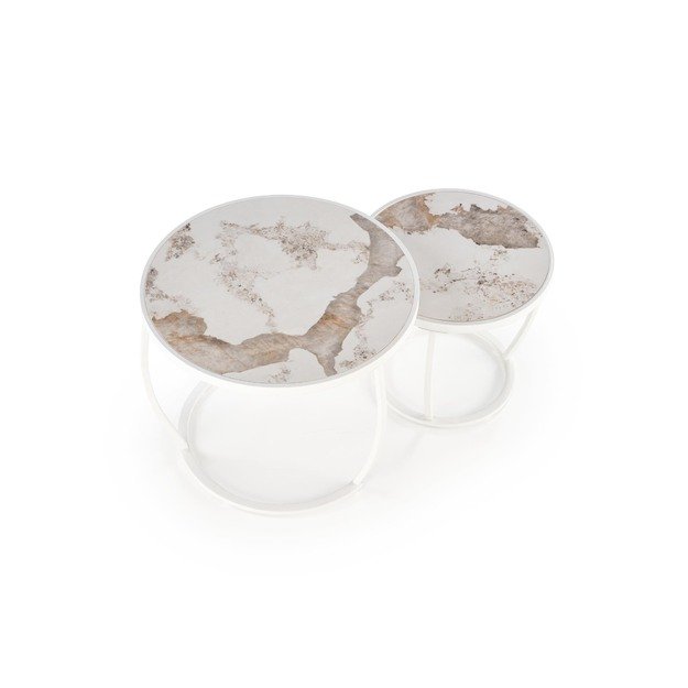 INES  set of two coffee tables, beige marble / white 7