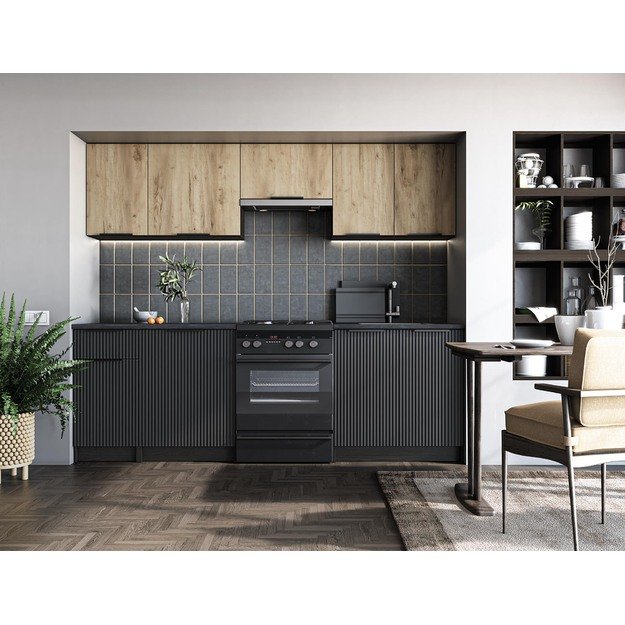 EMMA 240 kitchen set, color: front - artisan oak / black, body – carbon wood, worktop – black