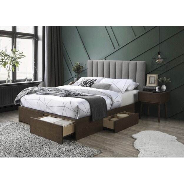 GORASHI 160 bed with drawers, cloth - grey, wood - walnut